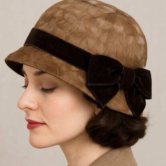 Vintage Feather Cloche Hat Brown Felt Velvet Ribbon Bow Retroglam Flapper 1920s - Picture 1 of 15